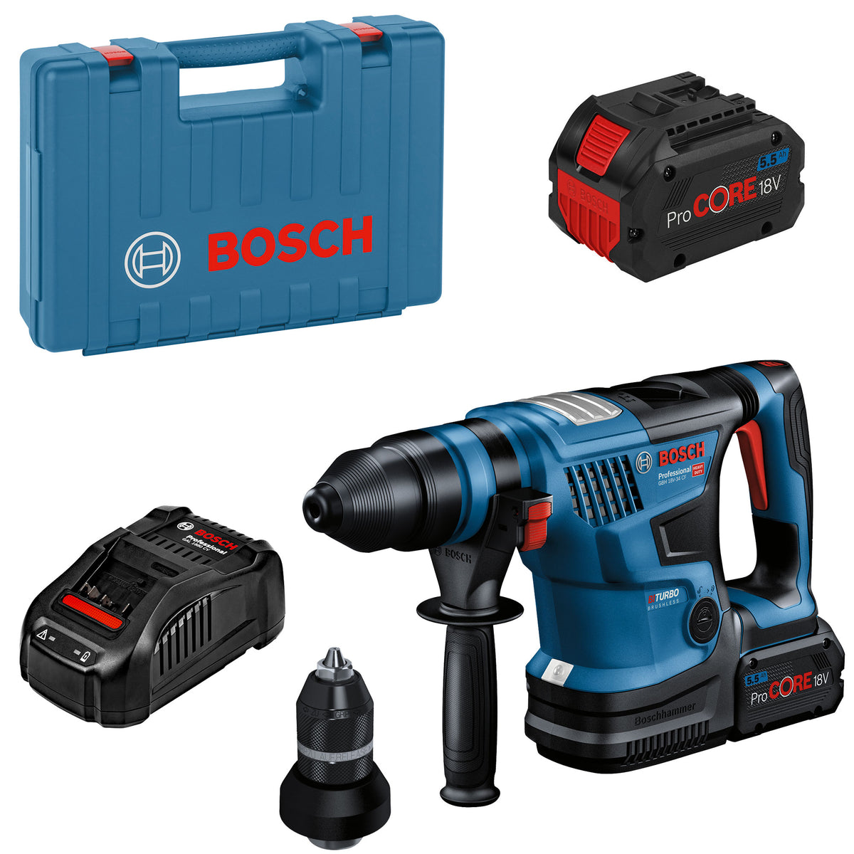 Perceuse-visseuse sans fil Bosch BITURBO GBH 18V-34 CF avec 2 batteries de 5,5 Ah + chargeur + coffret