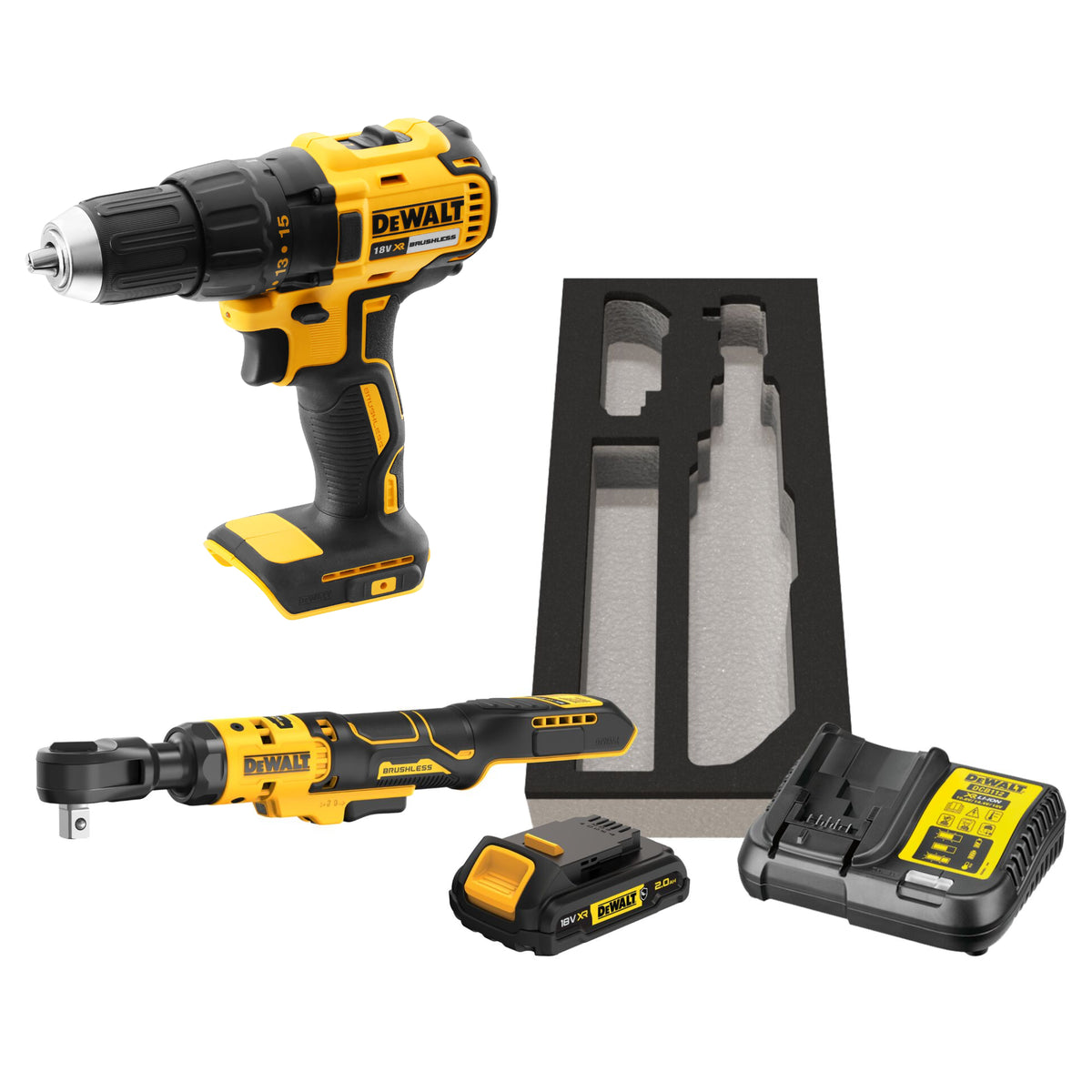 Ratchet della batteria di DeWALT DCF512D1G-QW 1/2, 1x 2.0 Ah + Caricabatteria e trapano della batteria DCD777N