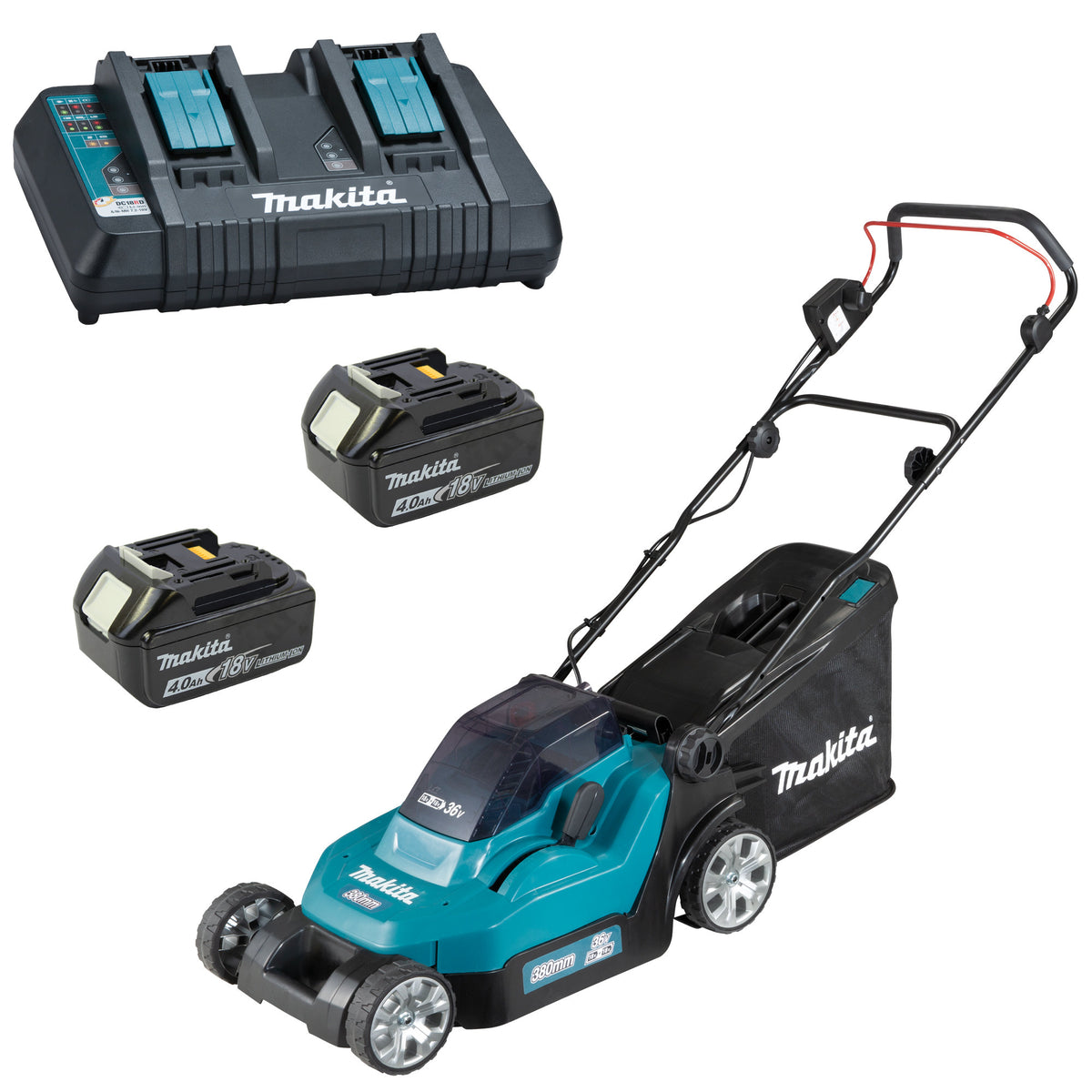 Makita DLM382PM2 2x batteries 4.0 Ah + chargeur DC18RD en carton