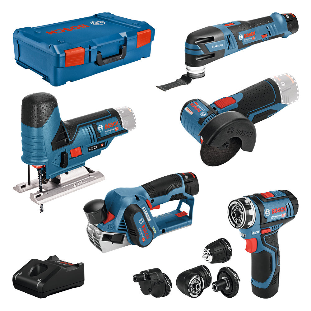 Bosch 5 Tool Set 12V: GSR + GOP + GHO + GWS + GST + 3x GBA + GAL + XL-BOXX