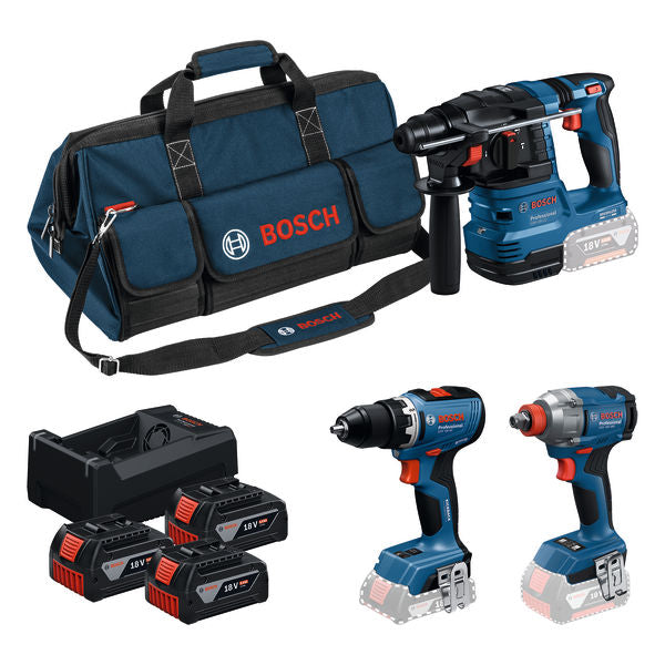 Bosch Combo Kit 18V-Set con 3 strumenti: GSR + GDX + GBH + 3x 5.0Ah + GAL 12V/18V-80