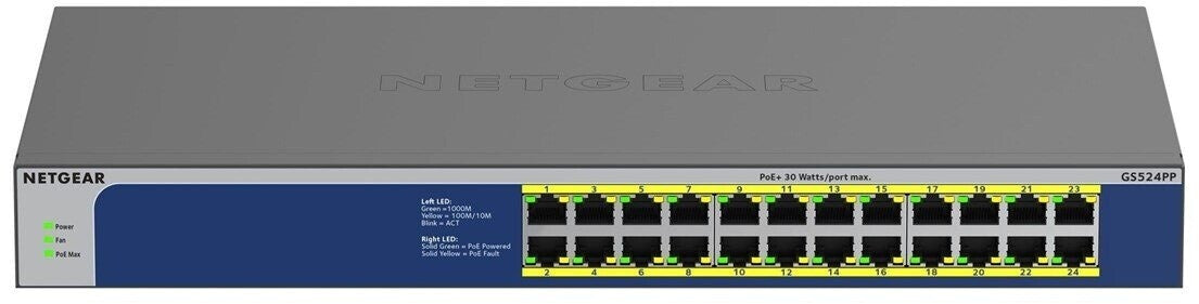 Switch Netgear GS524PP 24 ports Gigabit Ethernet LAN PoE (extensible avec 24x PoE+ 300W, Plug-and-Play, montage sur bureau ou en rack 19 pouces)