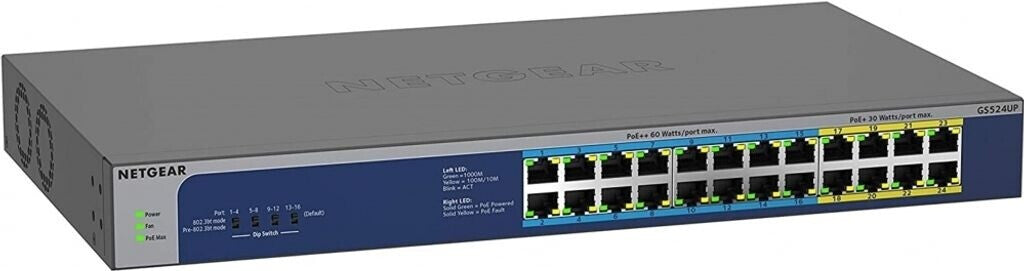 Netgear GS524UP 24 Port Gigabit Ethernet LAN Ultra60-PoE Switch (with 8x PoE+ & 16x PoE++ 480W, Plug-and-Play, Desktop or 19 Inch Rack Mount)