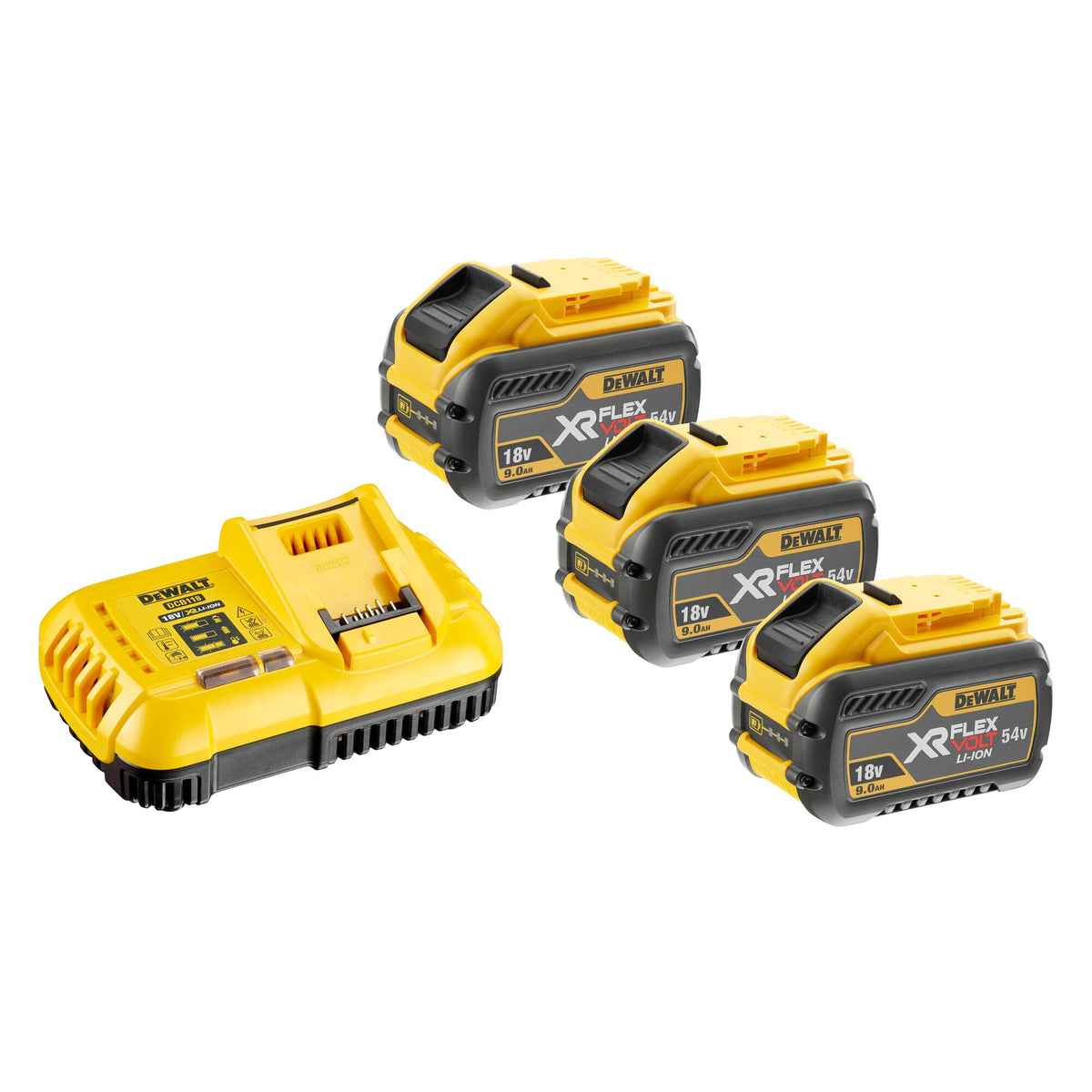 DEWALT Flex Volt starter set 3x batteria 54V / 9.0 Ah / 162 Wh con caricabatterie DCB 118