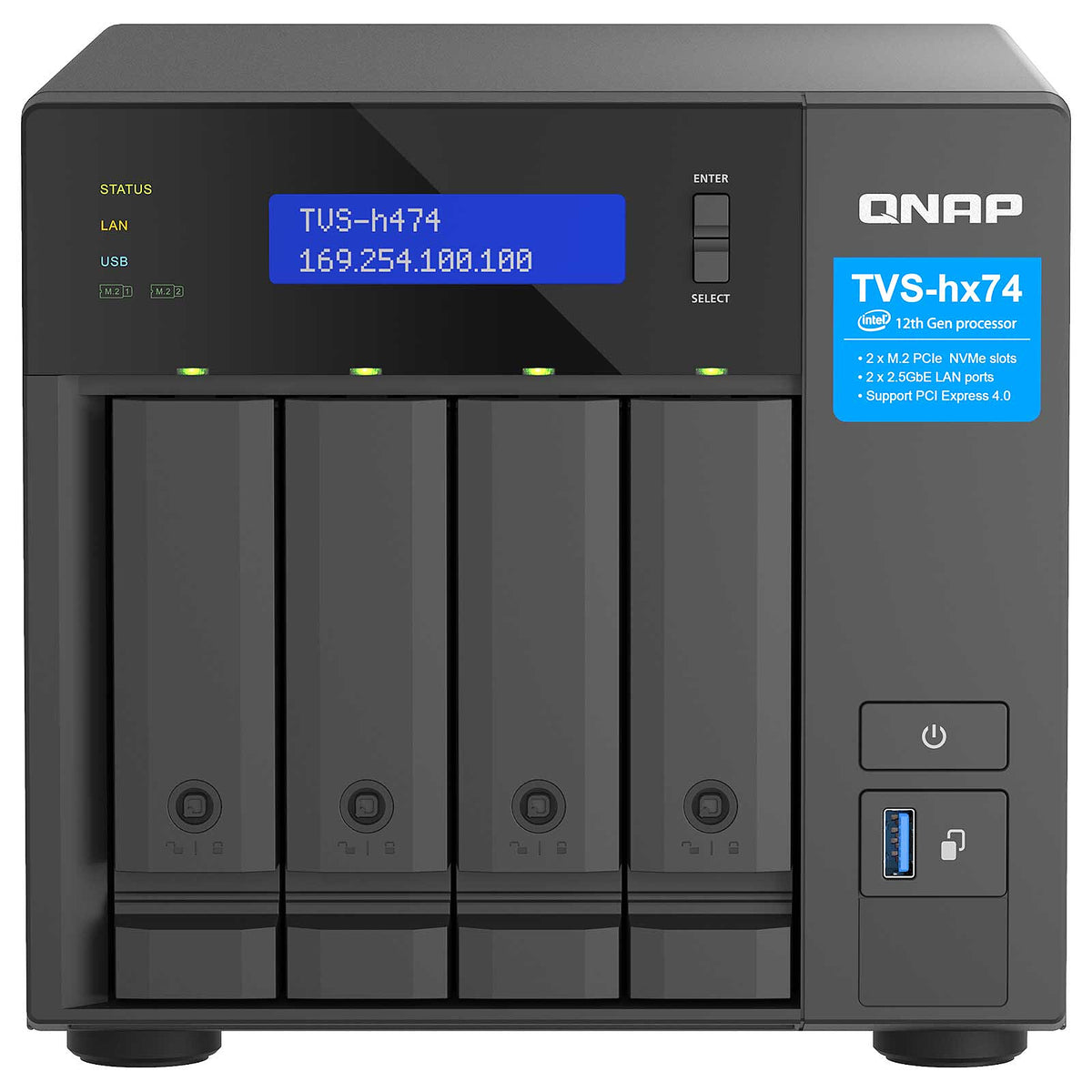 QNAP TVS-h474-PT-8G Server NAS a 4 alloggiamenti da 2,5"/3,5" - Intel Pentium Gold G7400 - 8 GB DDR4 - 2,5 GbE LAN