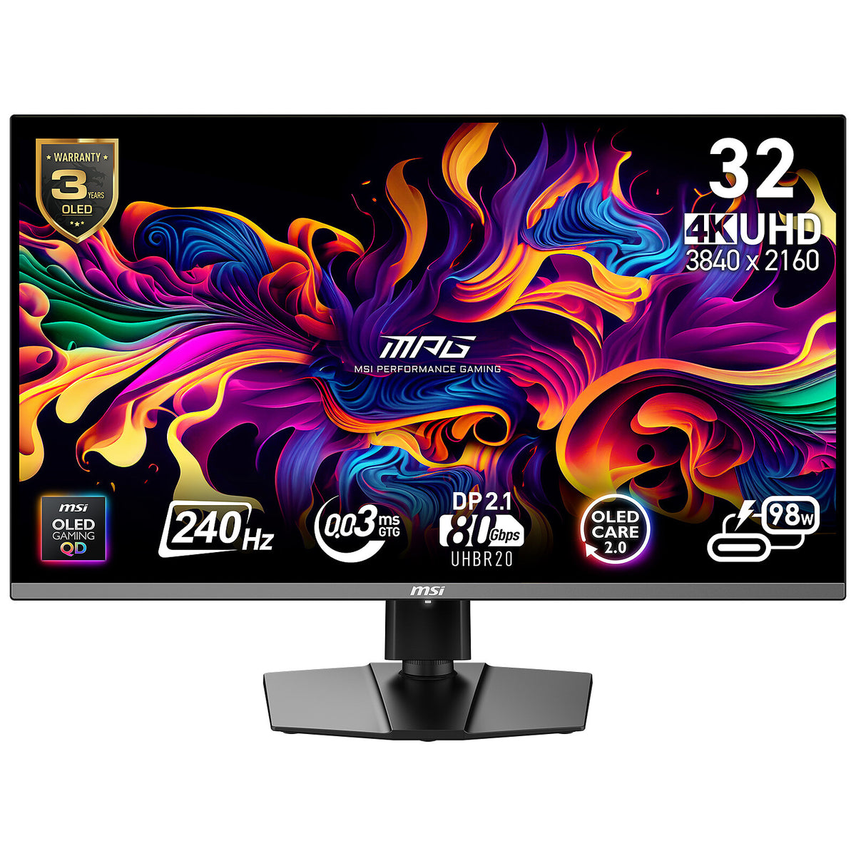 MSI 31.5" LED - MPG 322URX QD-OLED VESSchermo PC 4K - 3840 x 2160 pixel - 0,03 ms (da grigio a grigio) - Formato 16:9 - Panne