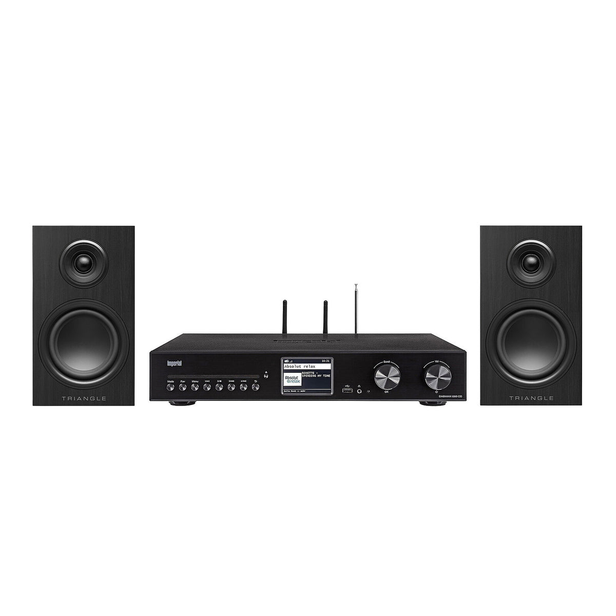 Imperial DABMAN i560 CD + Triangle Elara LN01 Nero opaco Lettore stereo all-in-one 2 x 30W - CD/DAB+/HDMI ARC/USB - Radio Internet - Wi-Fi/Bluetooth 5.1 - Fast Ethernet + Cassa da scaffale compatta 50 W Bass-Reflex (coppia)