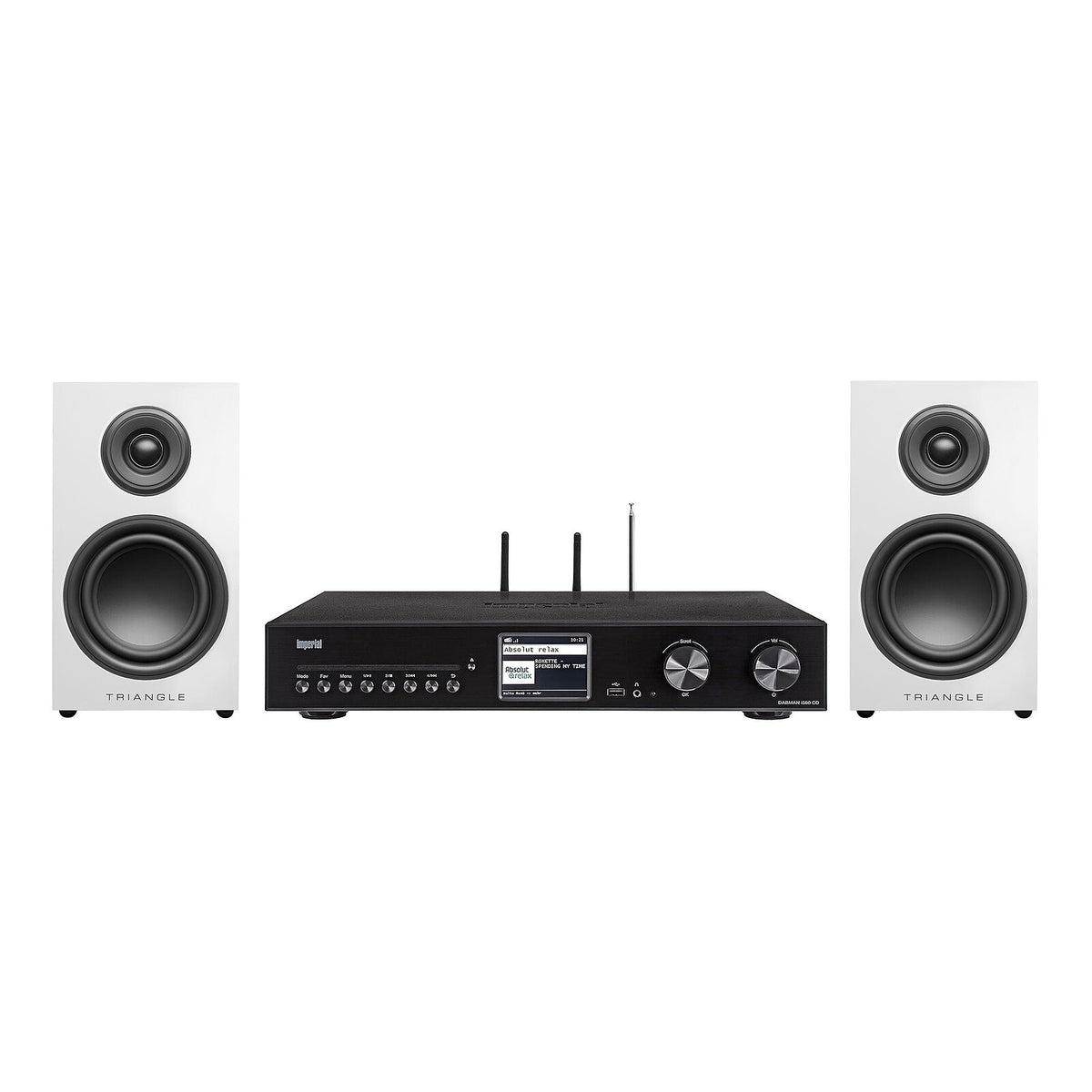 Imperial DABMAN i560 CD + Triangle Elara LN01 Bianco Lettore stereo tutto-in-uno 2 x 30W - CD/DAB+/HDMI ARC/USB - Radio Internet - Wi-Fi/Bluetooth 5.1 - Fast Ethernet + Diffusore da scaffale compatto 50 W Bass-Reflex (in coppia)