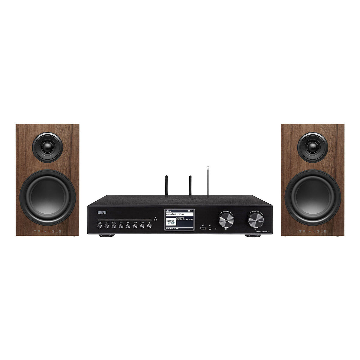 Imperial DABMAN i560 CD + Triangle Elara LN01 Castagno Lettore stereo all-in-one 2 x 30W - CD/DAB+/HDMI ARC/USB - Radio Internet - Wi-Fi/Bluetooth 5.1 - Fast Ethernet + Diffusore da scaffale compatto 50 W Bass-Reflex (coppia)