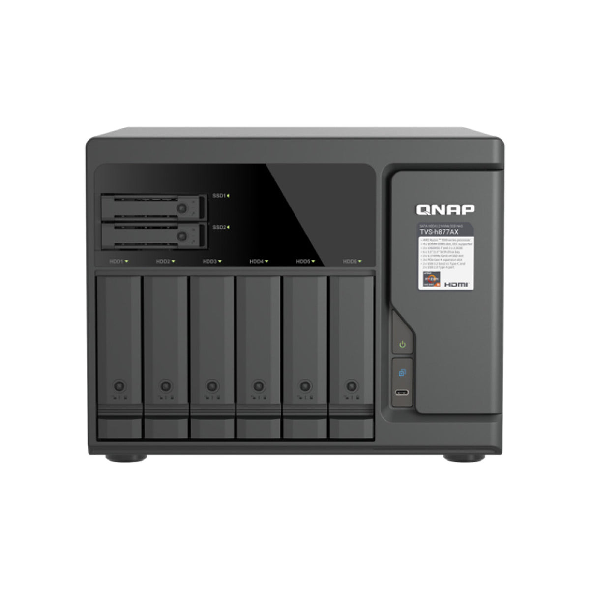 QNAP TVS-h877AX-R5-16G Server NAS a 8 bay (6x 3.5" + 2x 2.5") con 16 GB di RAM con processore AMD Ryzen 5 serie 7000 6-Core (senza disco rigido)