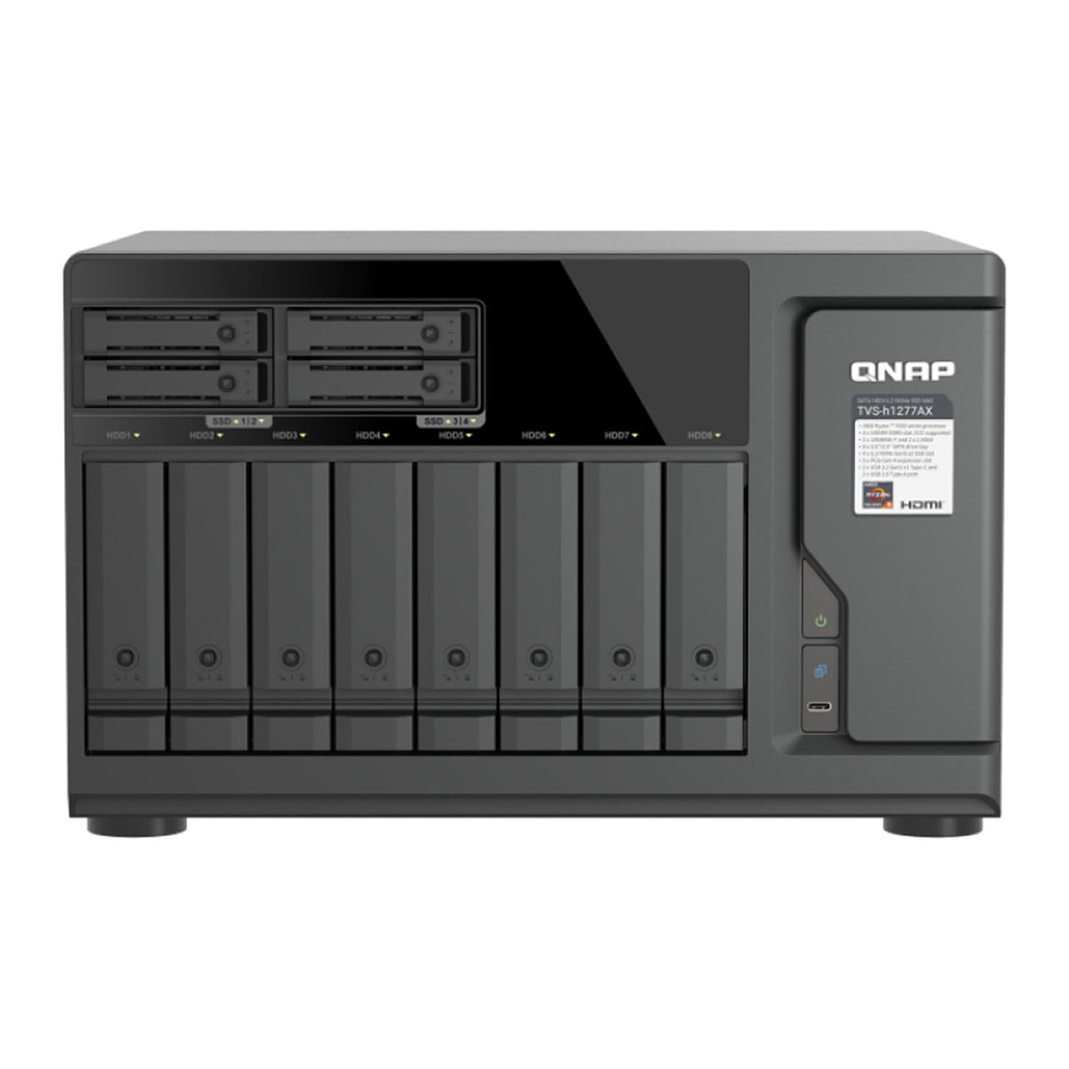 QNAP TVS-h1277AX-R5-16G Server NAS a 12 baie (8x 3.5" + 4x 2.5") con 16 GB di RAM e processore AMD Ryzen 5 serie 7000 6-Core (senza disco rigido)