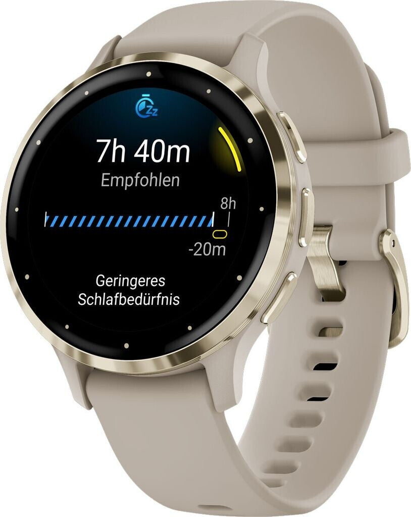 Garmin Venu® 3S French Gray/Softgold with quick-release silicone band
