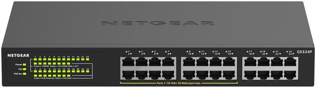 NETGEAR GS324P Commutateur PoE Gigabit Ethernet LAN 24 ports (avec 16 ports PoE+ 190W, commutateur réseau Plug-and-Play, montage sur bureau ou rack 19 pouces, économe en énergie, boîtier métallique robuste), Noir