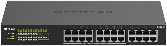 NETGEAR GS324P 24-Port Gigabit Ethernet LAN PoE Switch (with 16x PoE+ 190W, Plug-and-Play Network Switch, Desktop or 19-inch Rack Mount, Energy Efficient, Robust Metal Housing), Black