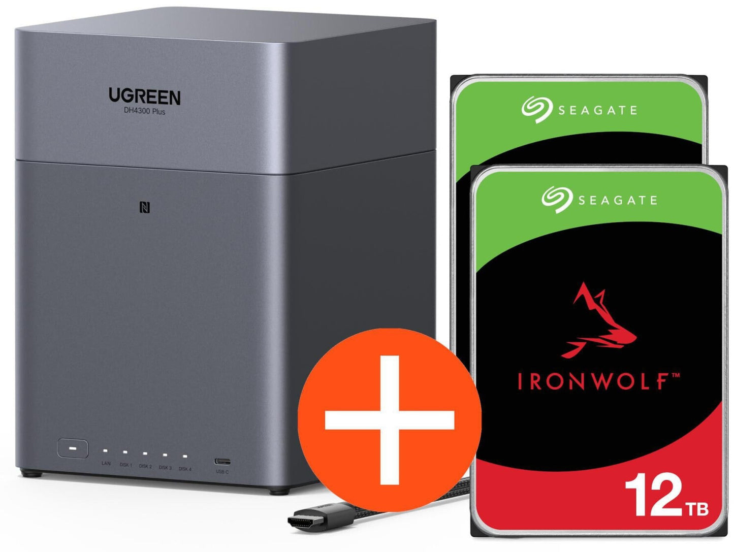 Système NAS UGREEN NASync DH4300 Plus 4 baies 24 To, avec 2 disques Seagate IronWolf ST12000VN0008 12 To