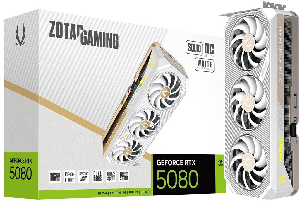 ZOTAC GAMING GeForce RTX 5080 SOLID OC White 16GB GDDR7 graphics card 3x DP, 1x HDMI